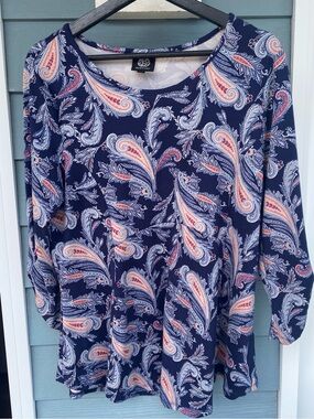 Bobeau Navy Paisley Long Sleeve Top with Pink and White Motif